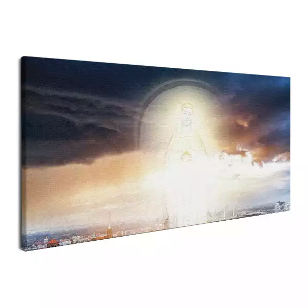 Obraz na płótnie Maria w chmurach i niebie nad miastem