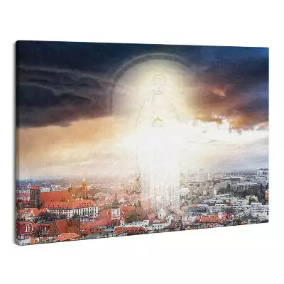 Zdjęcie na płótnie Maria w chmurach i niebie nad miastem