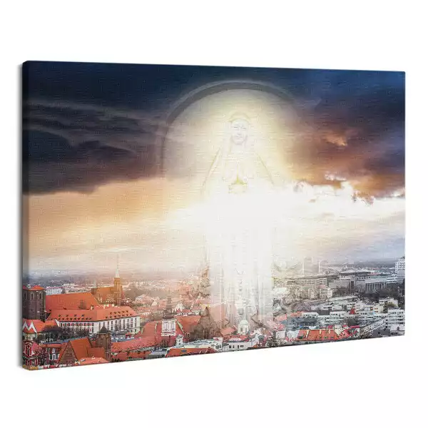 Zdjęcie na płótnie Maria w chmurach i niebie nad miastem