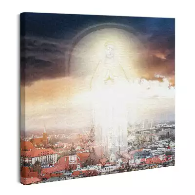 Obraz na płótnie Maria w chmurach i niebie nad miastem