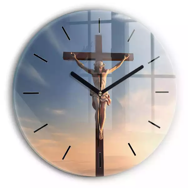 Zegar szklany okrągły Jezus na krzyżu
