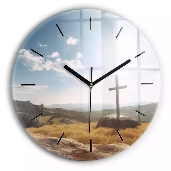 Zegar szklany okrągły Pejzaż Krzyż i pola