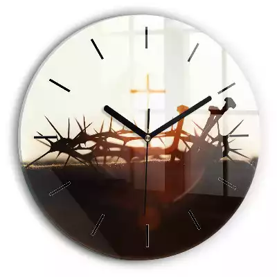 Zegar szklany okrągły Korona cierniowa i krzyż