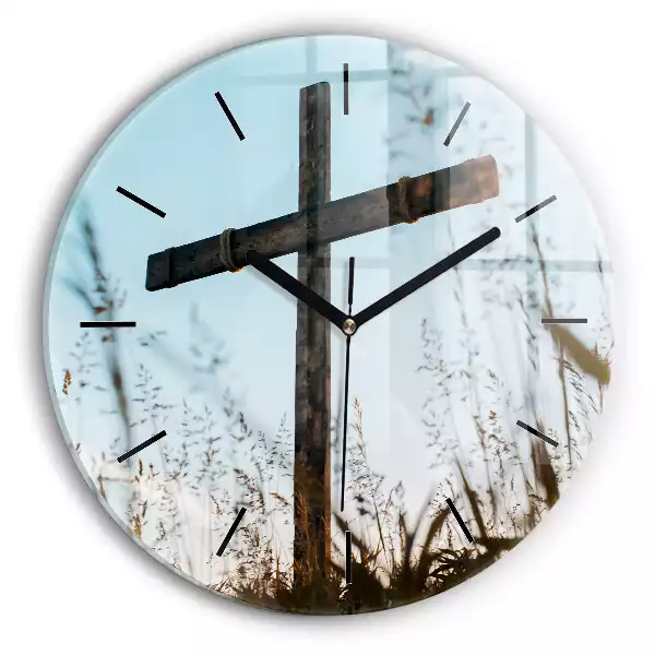 Zegar szklany okrągły Drewniany krzyż w polu
