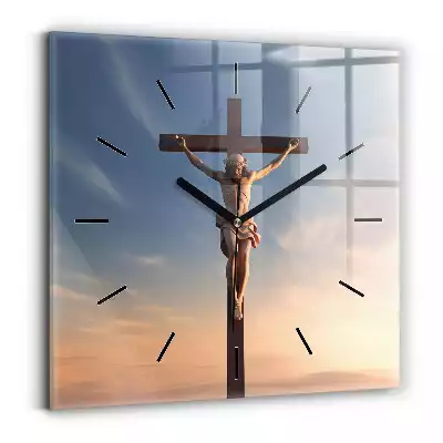 Zegar szklany kwadratowy Jezus na krzyżu