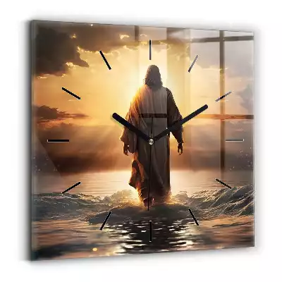 Zegar na szkle kwadrat Jezus chodzący po wodzie